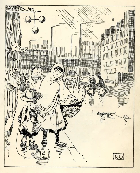 A black-and-white postcard illustration showing two children on a rainy city street; one in a cloak with a basket, the other in a hat and boots holding a parcel, with factories, shops, and people in the urban background.